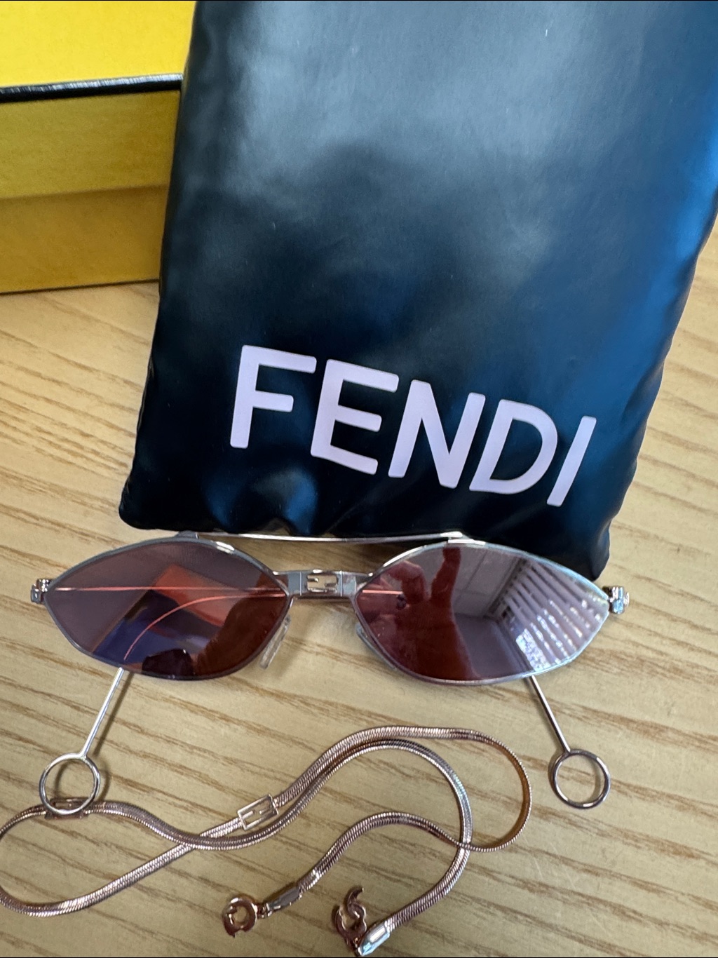 Fendi Rose-Tinted Geometric Metal Sunglasses With Rose Gold Chain